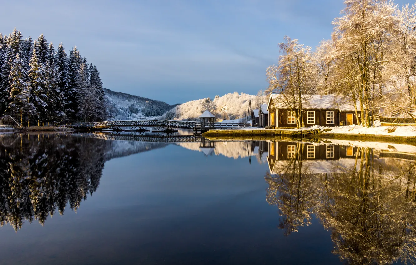 Фото обои зима, иней, лес, небо, снег, деревья, озеро, дом