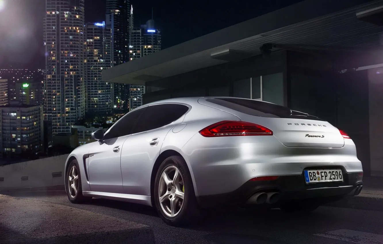 Фото обои Porsche, City, Car, Silver, Rear, Ligth, Nigth, Scape