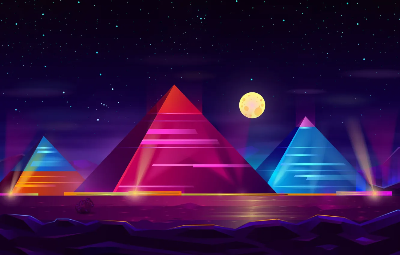 Фото обои Цвет, Ночь, Звезды, Луна, Неон, Пирамиды, Пирамида, Moon