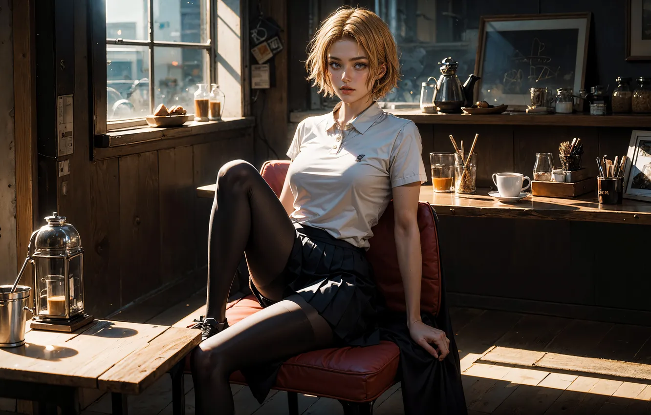 Фото обои blue eyes, short hair, women, blonde, digital art, artwork, sitting, looking at viewer