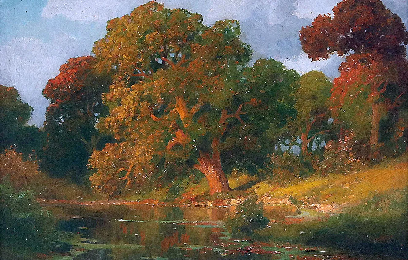 Фото обои Деревья, Пруд, Картина, Alois Arnegger, Осенний пейзаж, Алоис Арнеггер, Австрийский живописец