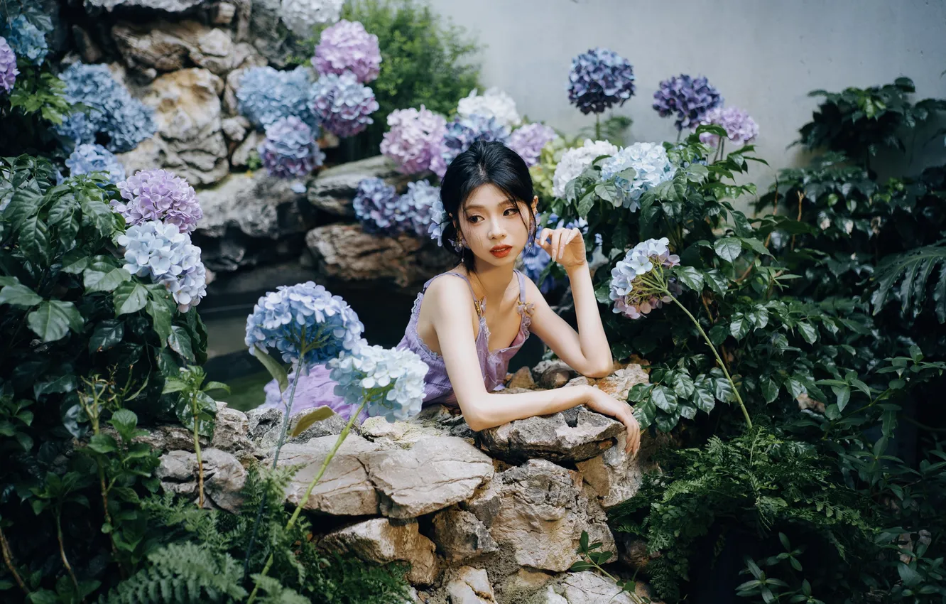 Фото обои Beautiful, Asian, Model, Flowers, Water, Woman, Rocks, Cute