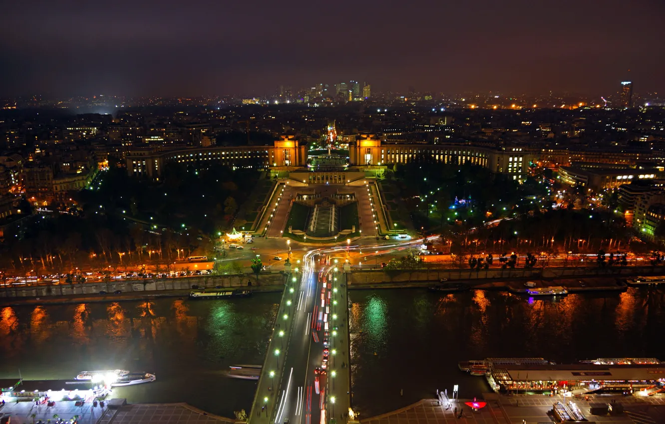 Фото обои деревья, ночь, мост, огни, парк, река, Париж, дома