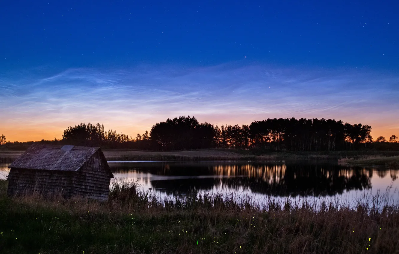 Фото обои озеро, вечер, Канада, изба, lake, evening, hut, светляки