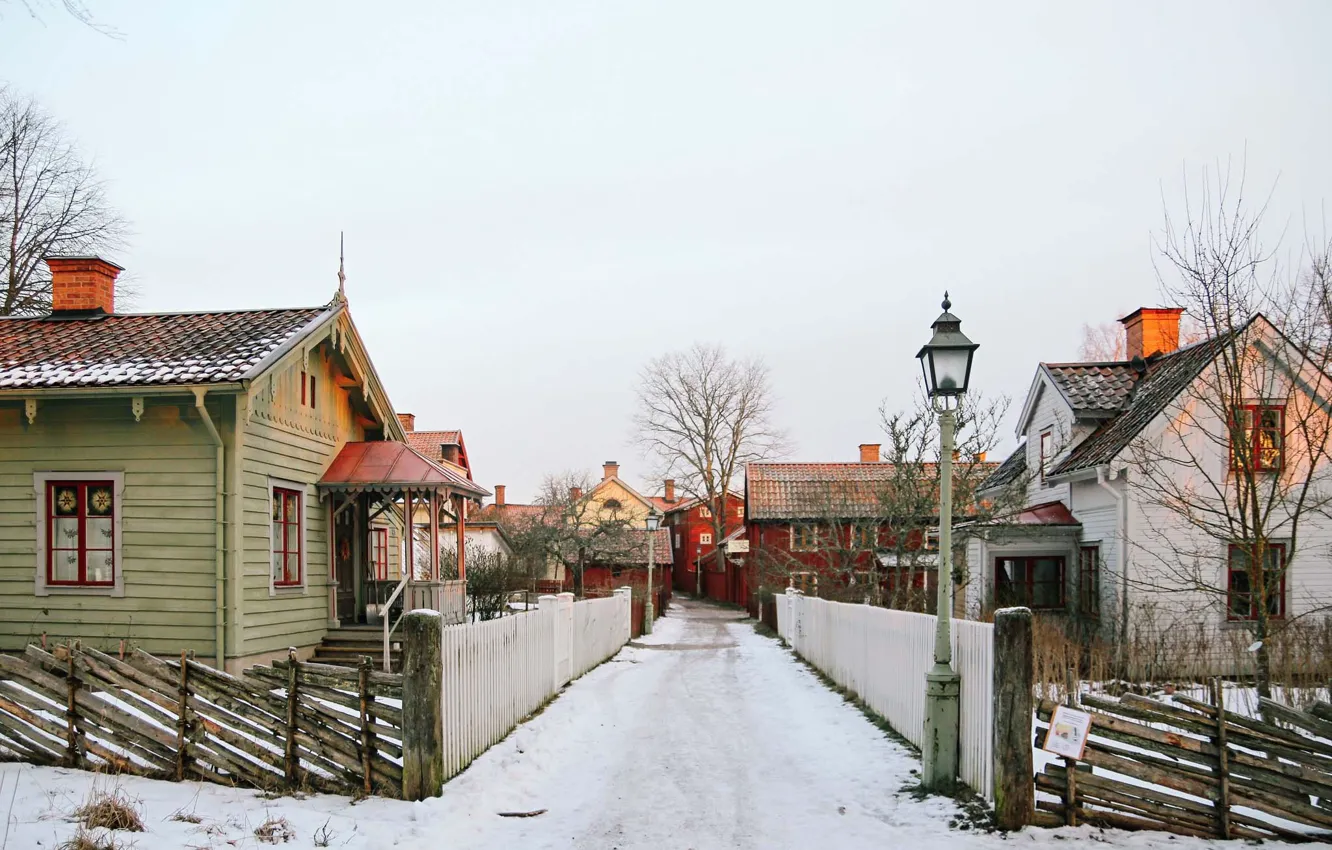 Фото обои house, Sweden, winter, snow, morning, village, architecture, lamp