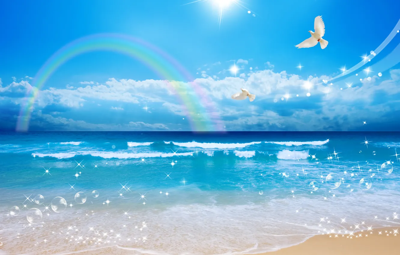 Фото обои песок, море, волны, небо, солнце, облака, полет, пейзаж