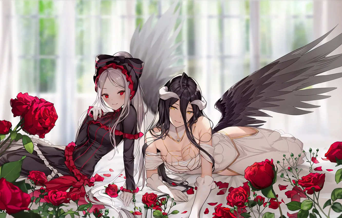 Фото обои девушки, розы, Overlord, Albedo, Shalltear Bloodfallen