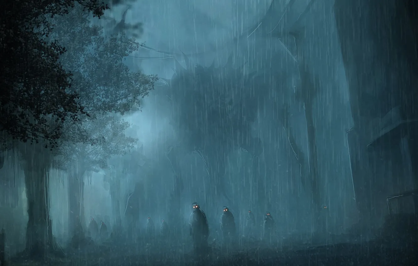 Фото обои лес, глаза, ночь, дождь, арт, зомби, войско