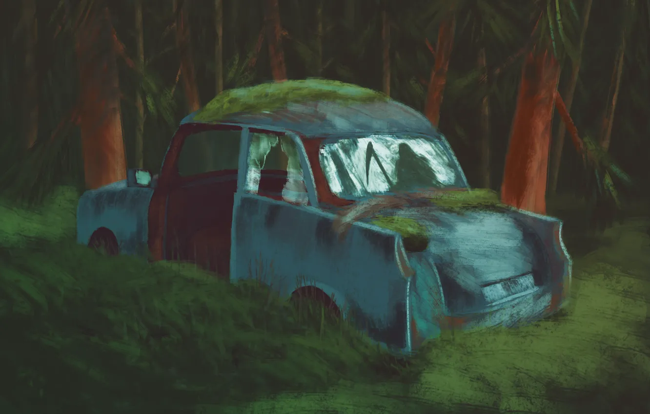 Фото обои рисунок, брошенная машина, машина в лесу, лес ночь