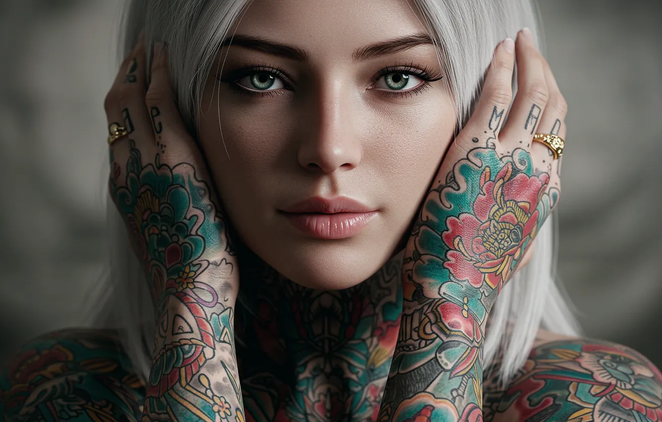 Фото обои взгляд, девушка, обои, тату, арт, wallpaper, girl, art