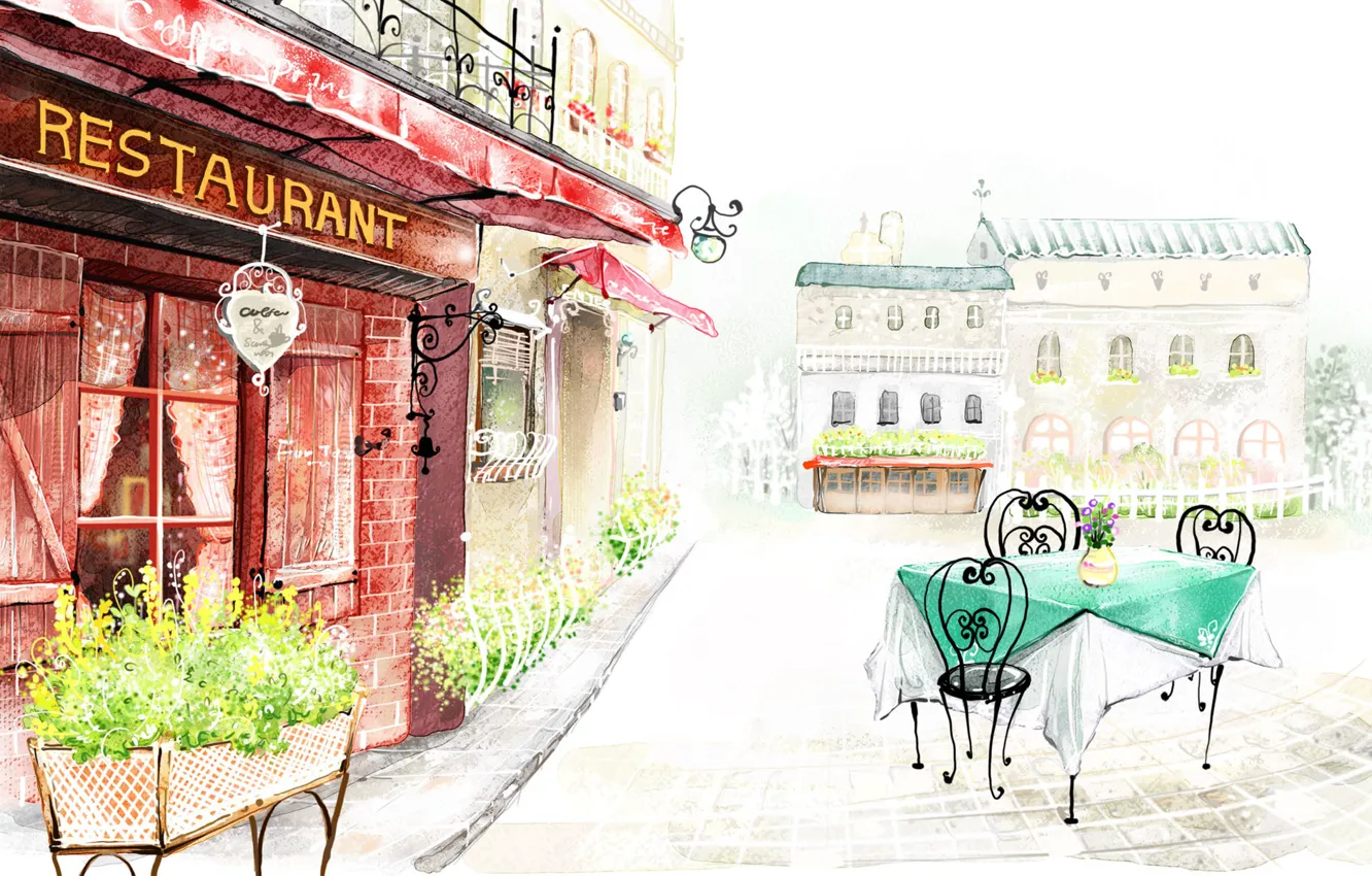 Фото обои цветы, город, улица, рисунок, здания, ресторан, столик