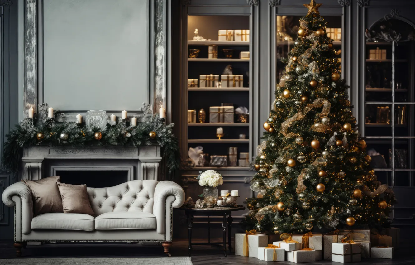 Фото обои комната, елка, интерьер, Рождество, Новый год, Christmas, view, tree