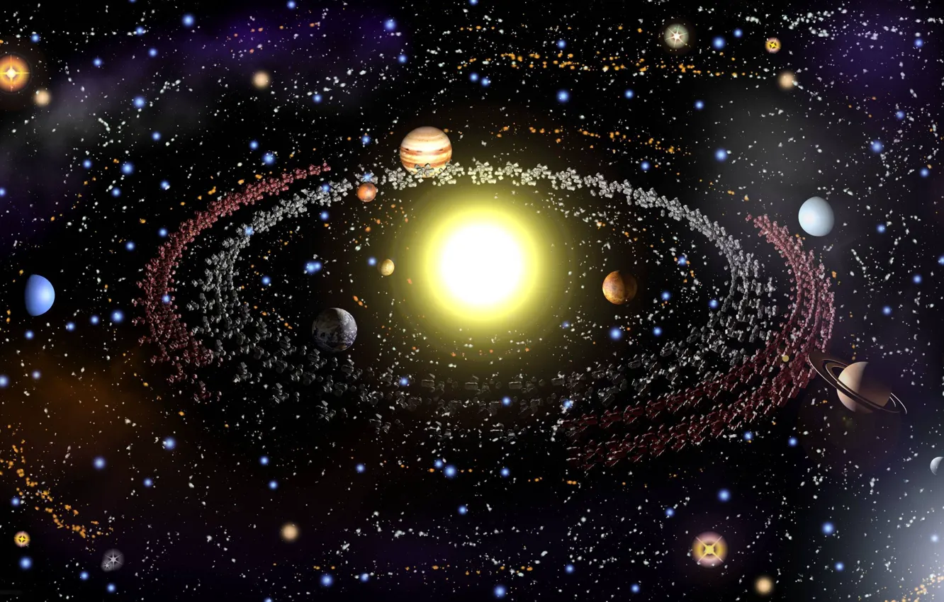 Фото обои солнце, планеты, звёзды, система, kosmo