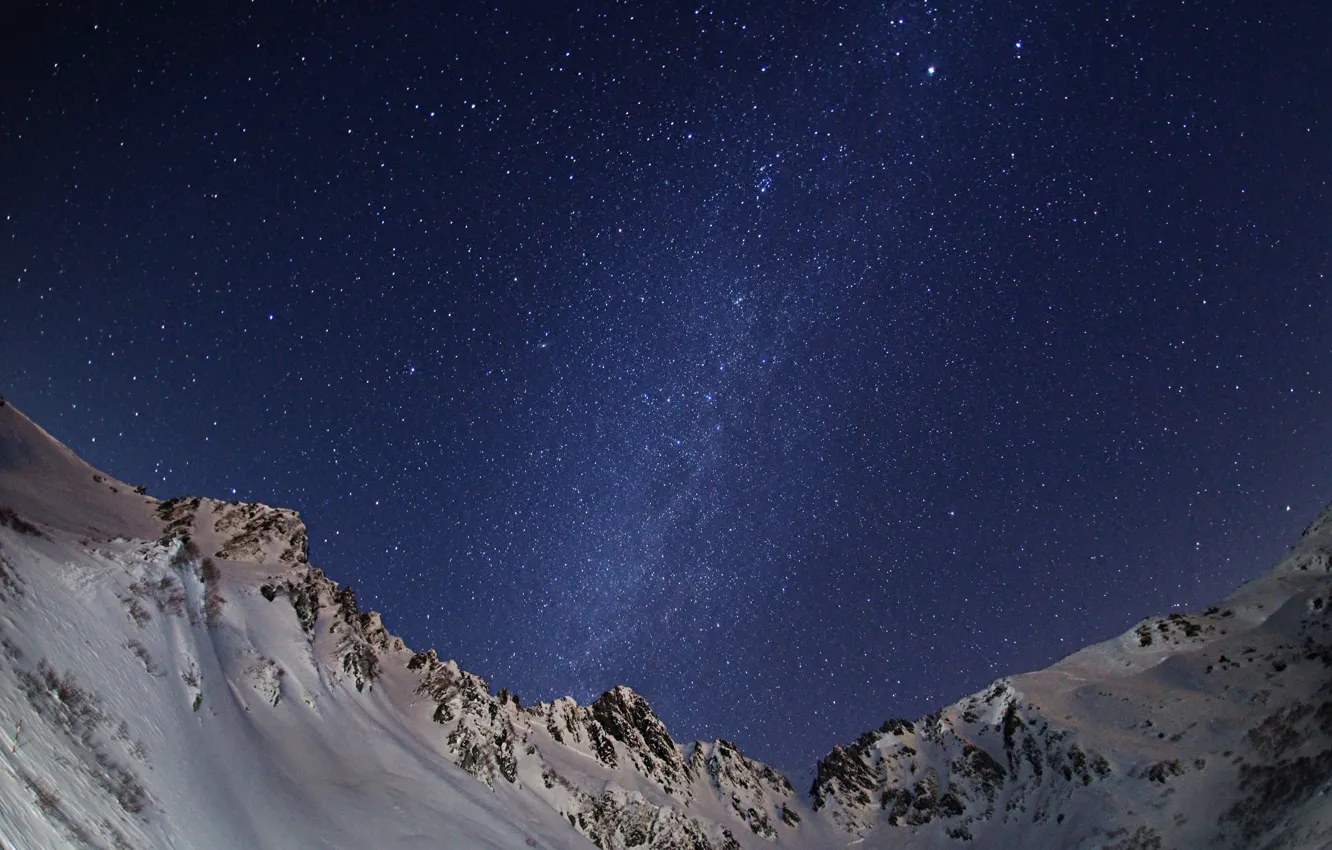 Фото обои космос, звезды, снег, горы, ночь, пространство