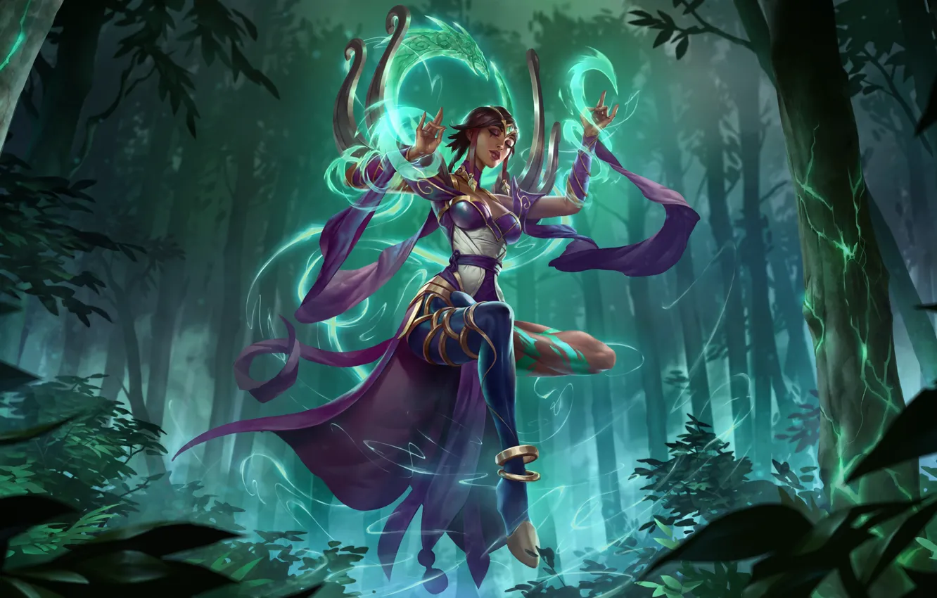Фото обои лес, девушка, магия, Karma, Legends of Runeterra