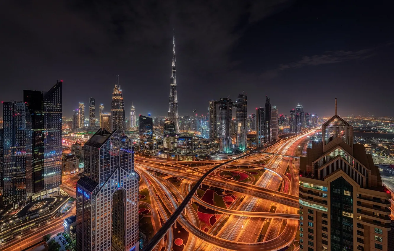 Фото обои ночь, город, дороги, освещение, Дубай