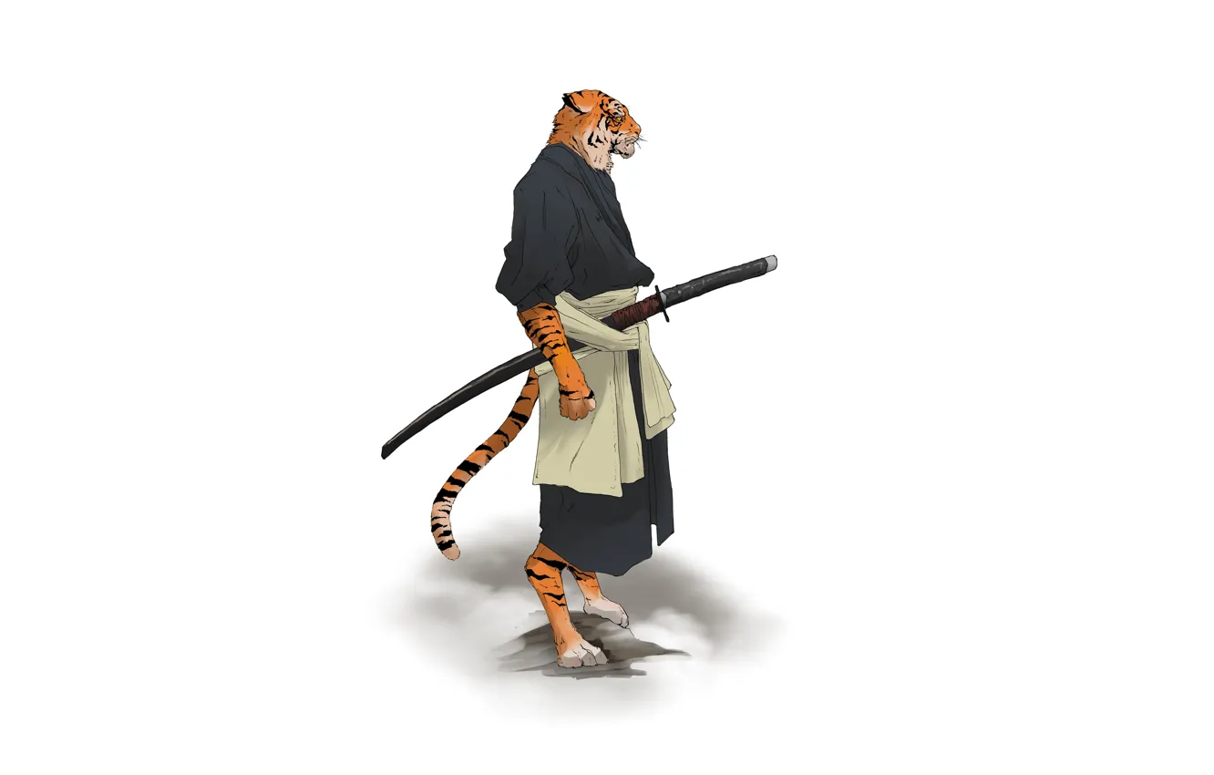 Фото обои Fantasy, Art, Tiger, Style, Background, Minimalism, Katana, Character