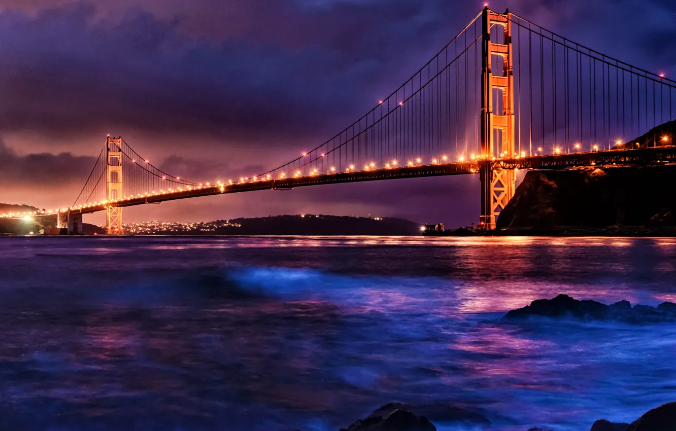 Фото обои пейзаж, горы, ночь, мост, пролив, освещение, Калифорния, Сан-Франциско