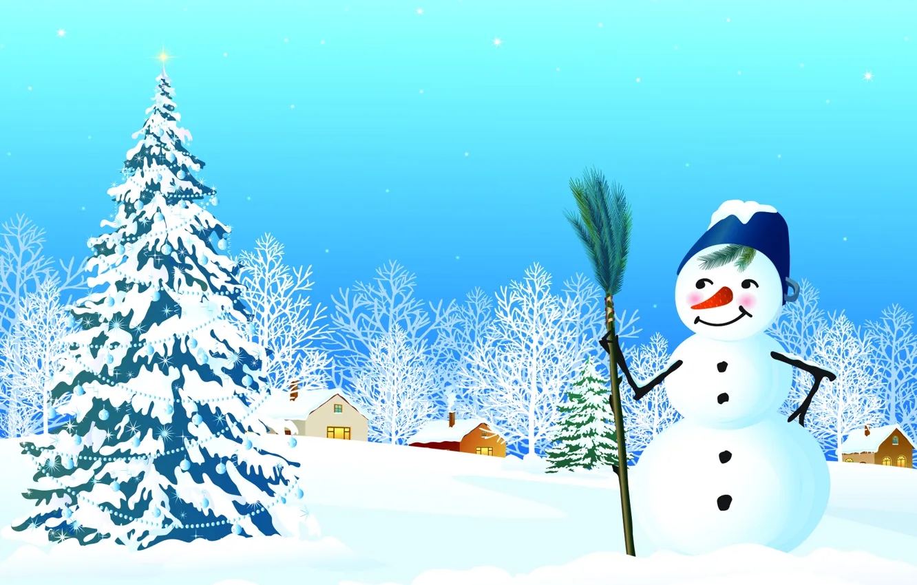 Фото обои снег, окна, звёзды, домики, снеговик, ёлка, ёлочные украшения, новогодняя ночь