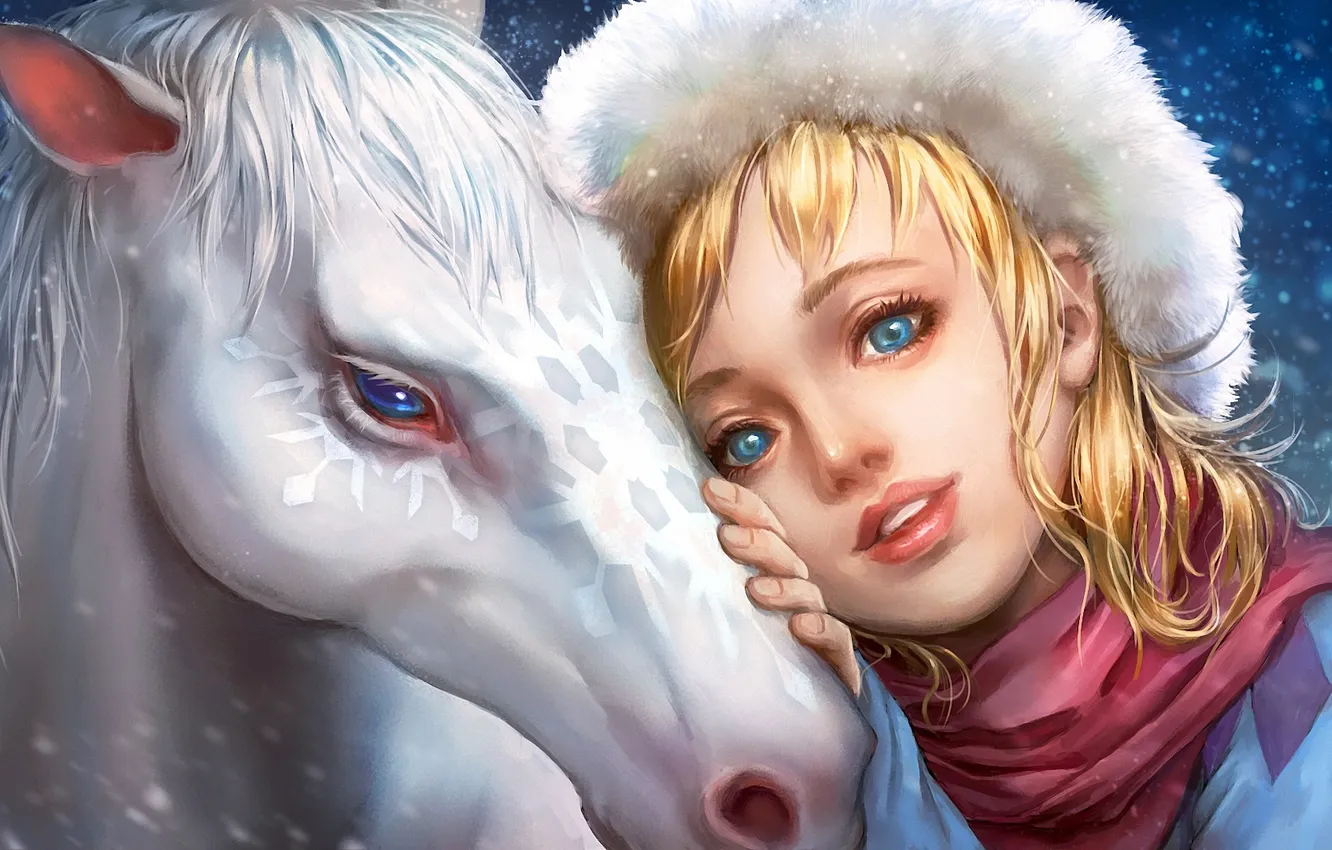 Фото обои зима, девушка, лошадь, арт, белая, мех, кон