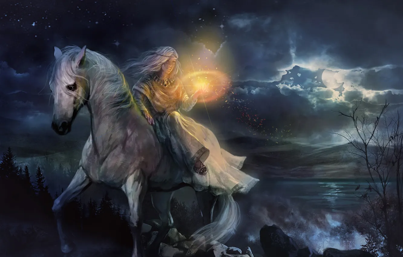 Фото обои деревья, птицы, ночь, конь, магия, луна, Девушка, водоем