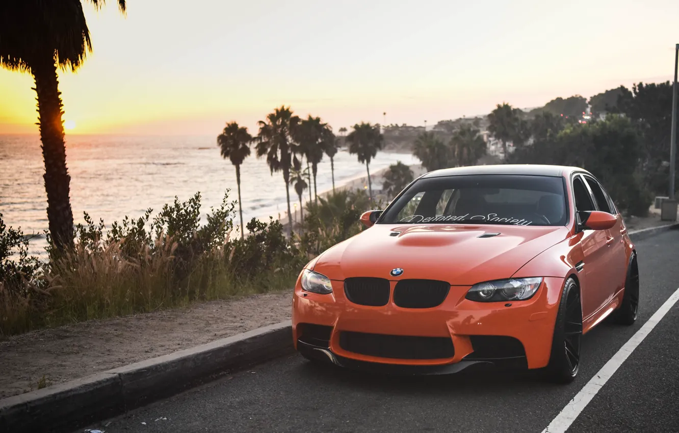 Фото обои BMW, Sunset, E90, Palm trees, M3