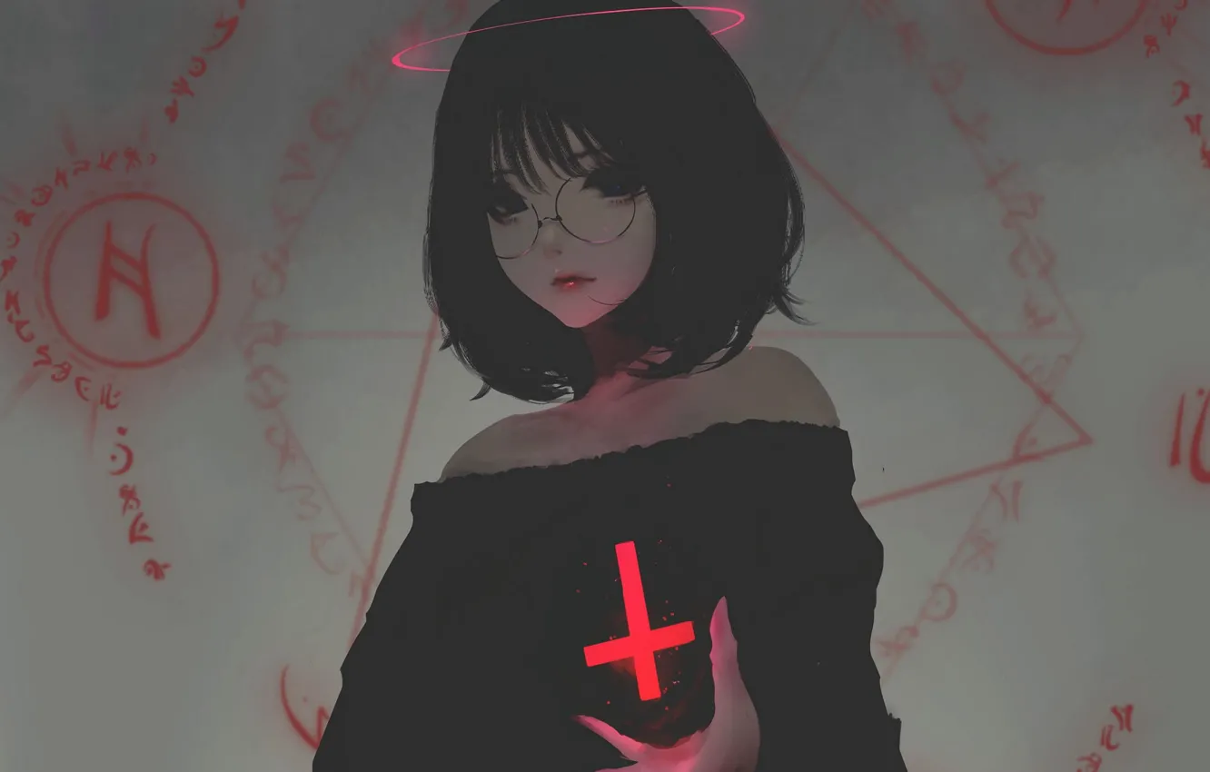 Фото обои крест, школьница, заклинание, пентаграмма, черные волосы, черная магия, сглаз, by Aoi Ogata