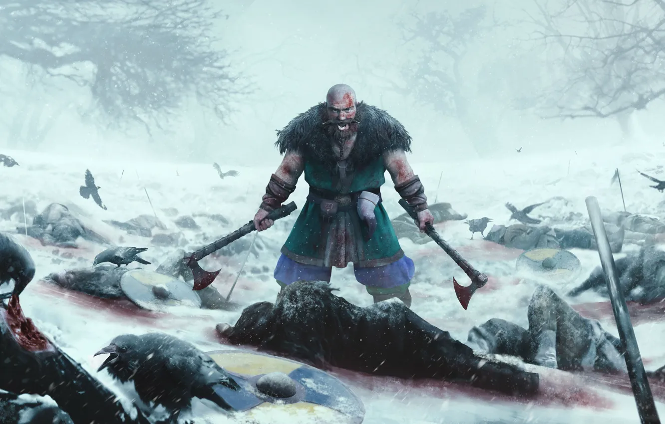 Фото обои axe, sword, blood, ice, war, crow, dead, snow