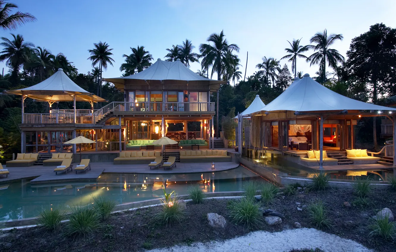 Фото обои дом, пальмы, спорт, вечер, бассейн, зал, pool, бунгало