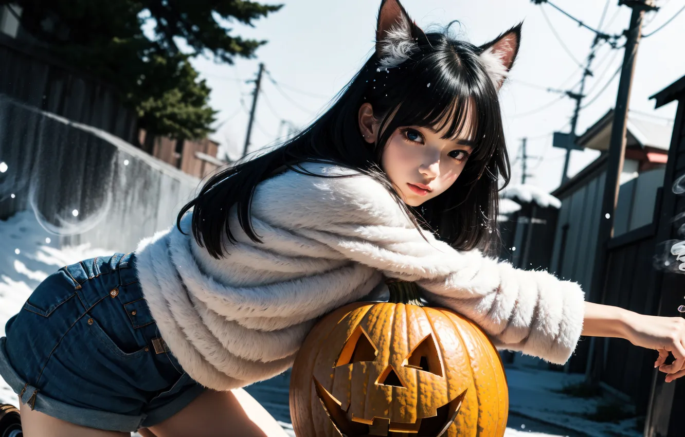 Фото обои взгляд, улица, брюнетка, Halloween, тыква, Pumpkin, ушки, дымок
