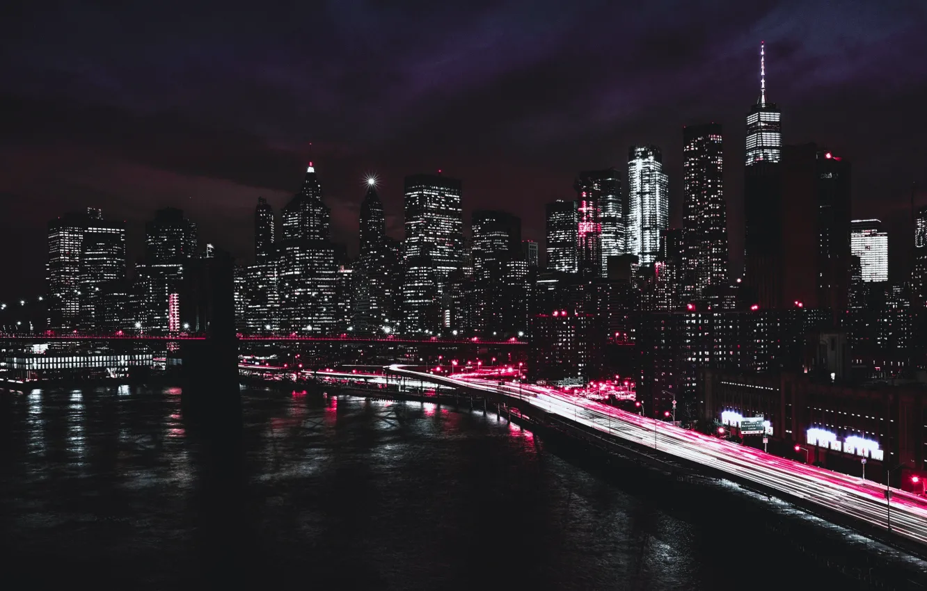 Фото обои Бруклинский мост, набережная, небоскрёбы, New York, usa, огни ночного города