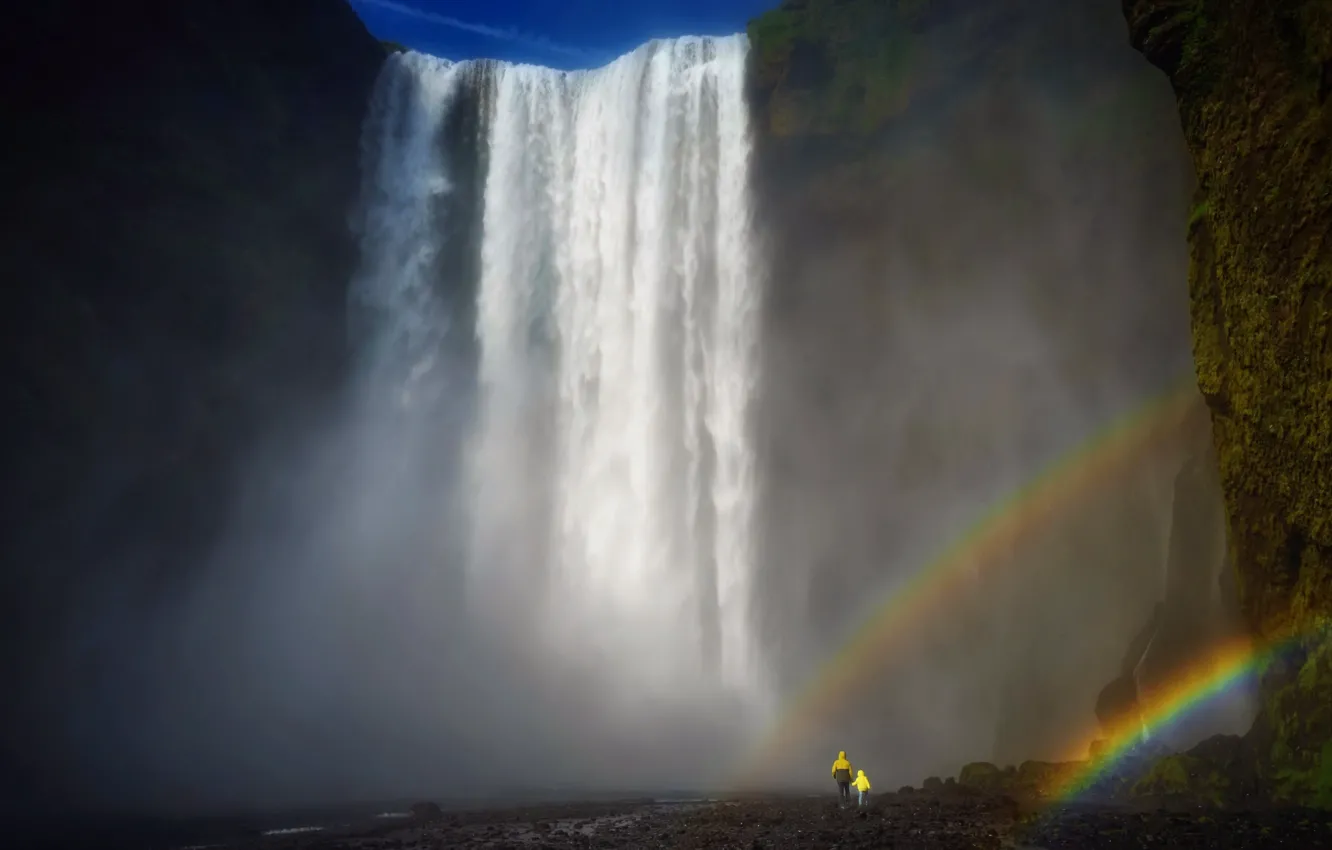Фото обои люди, водопад, радуга, Iceland, Skógafoss