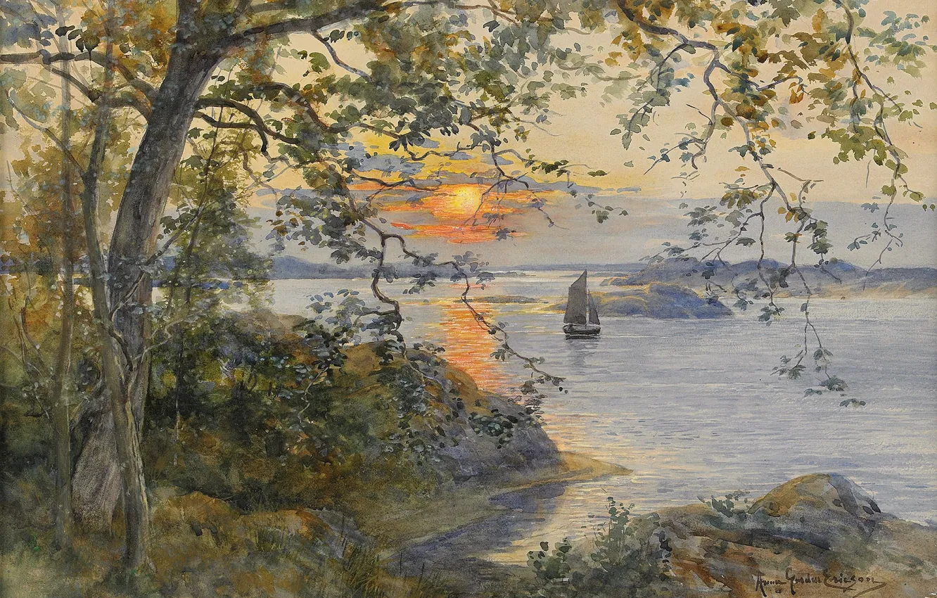 Фото обои вечер, Анна Гарделл-Эриксон, Береговой пейзаж с парусной лодкой в лучах заката