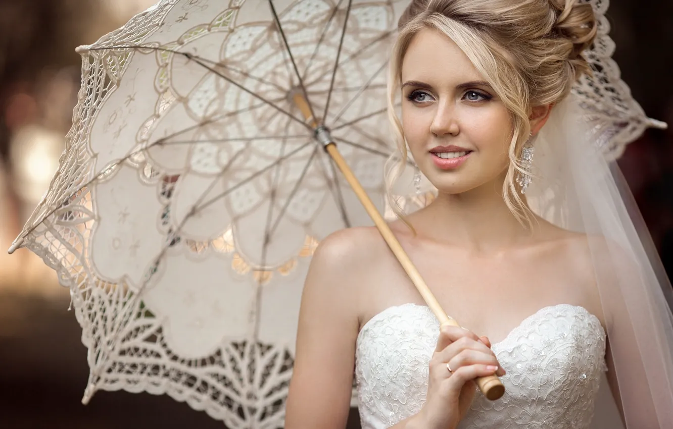 Фото обои зонтик, блондинка, невеста