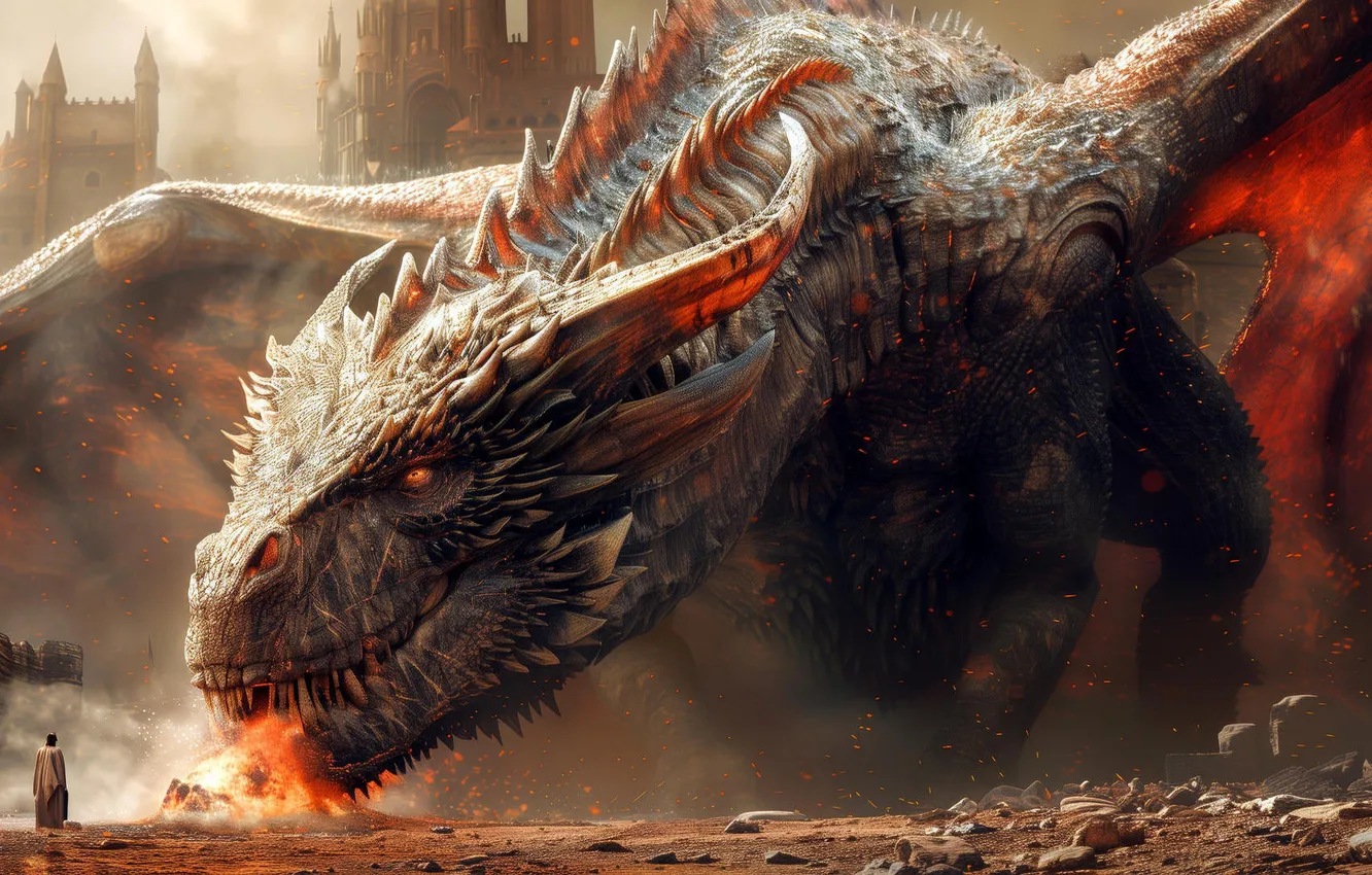 Фото обои жертва, пасть, ужас, крылатый, рогатый, dragon, огнедышащий дракон, гигантсикий