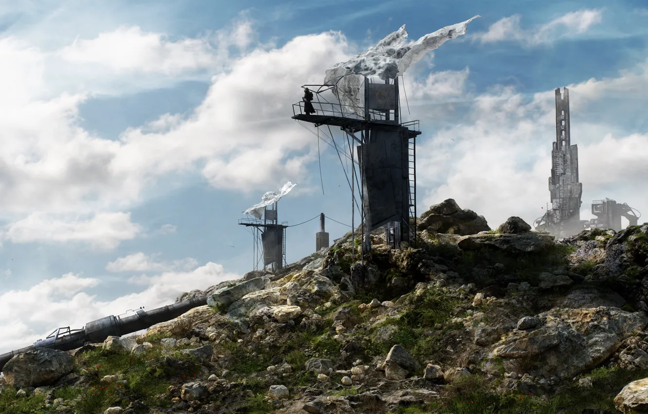 Фото обои горы, камни, сооружение, Half Life 2, Watchtower