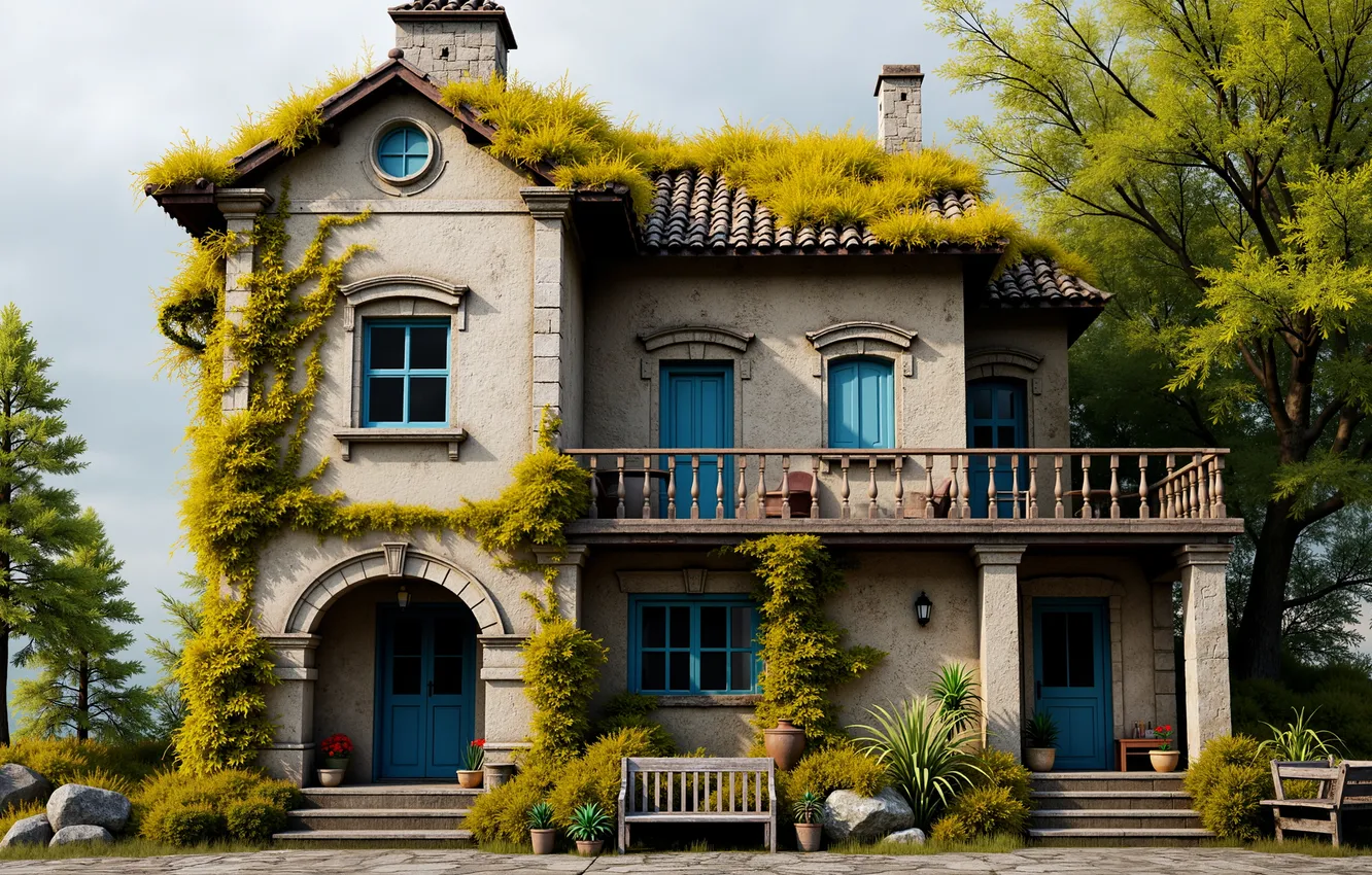 Фото обои green, house, sky, nature, old, cloudy
