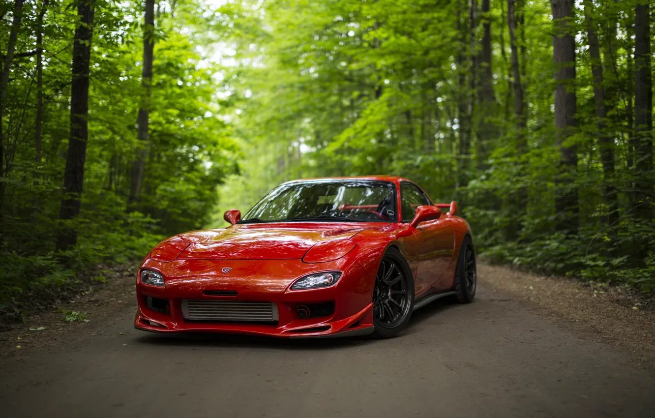 Фото обои дорога, лес, красный, спорткар, Mazda RX-7