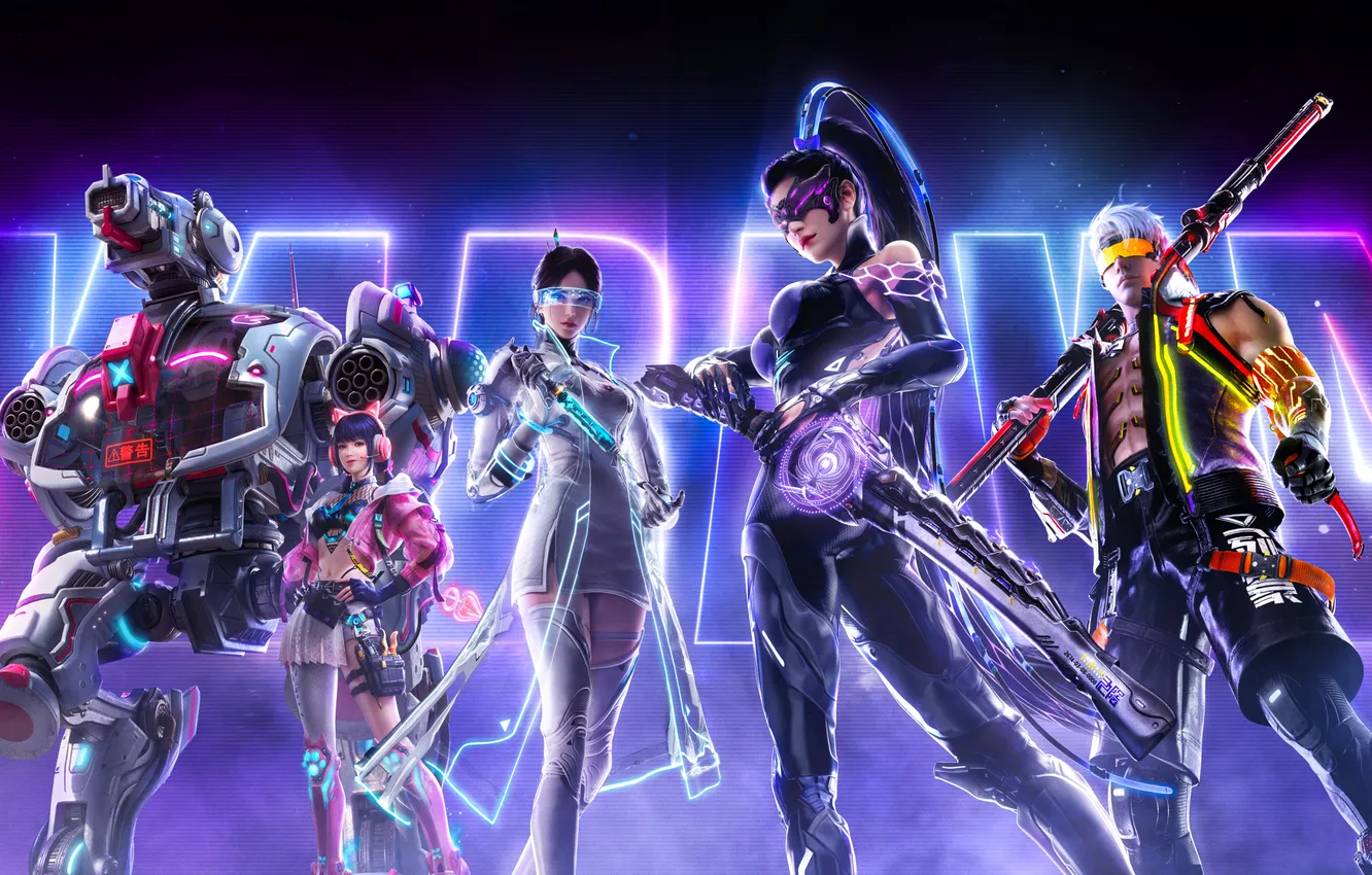 Фото обои Games, Neon, Cyberpunk, Futuristic, Neon Lights, Naraka: Bladepoint, Mecha Girl
