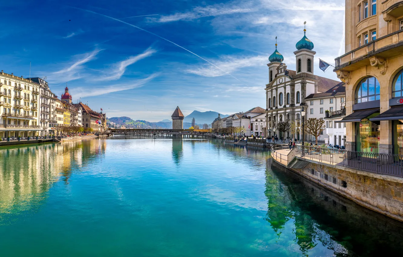 Фото обои река, здания, Швейцария, церковь, купол, Люцерн, Luzern
