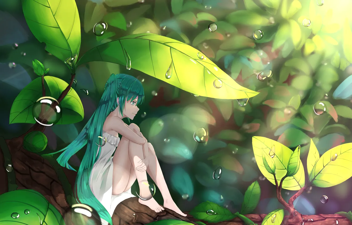 Фото обои листья, девушка, аниме, арт, hatsune miku, Vocaloid, Вокалоид