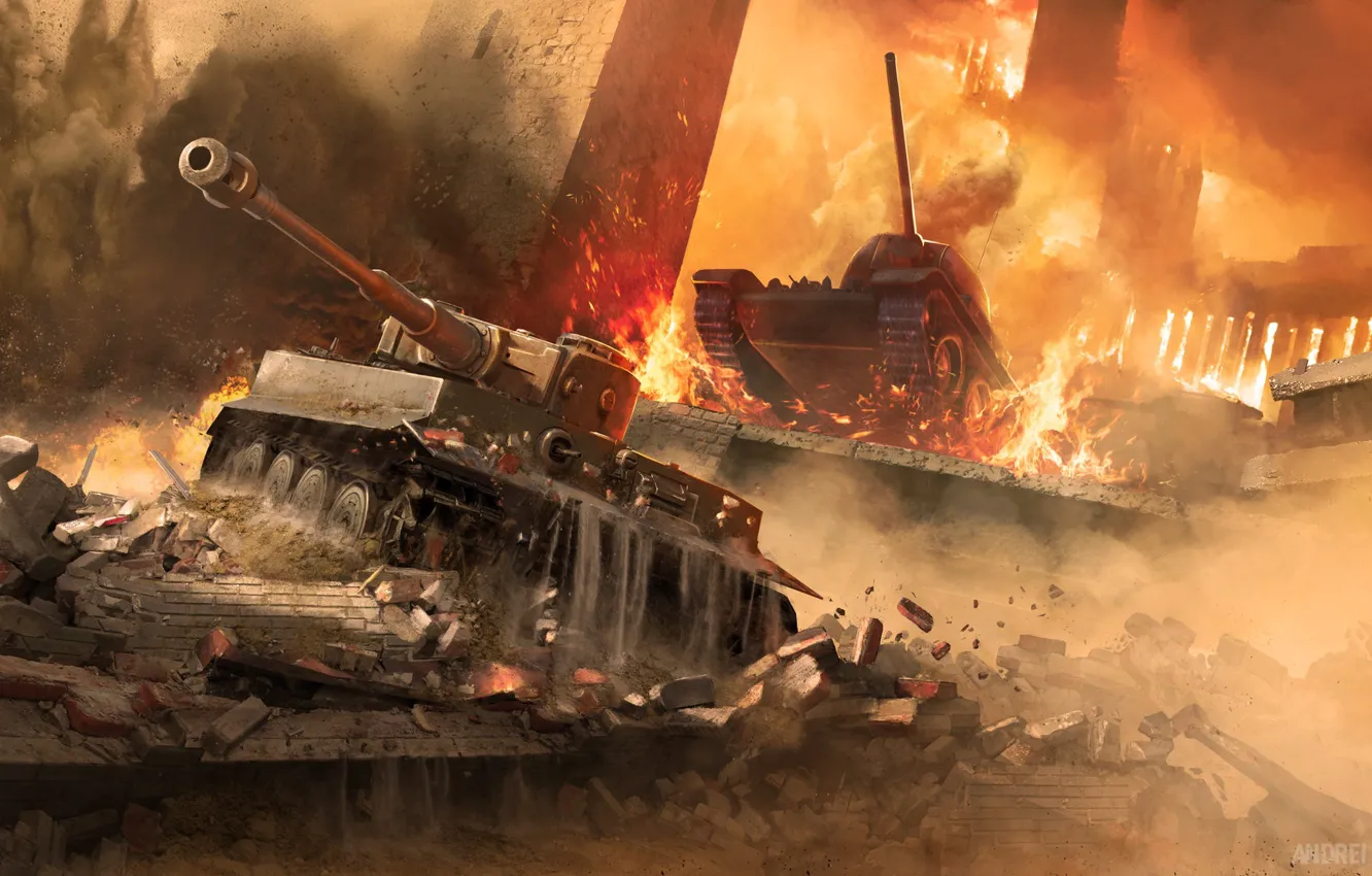 Фото обои огонь, война, взрывы, танки, World Of Tanks