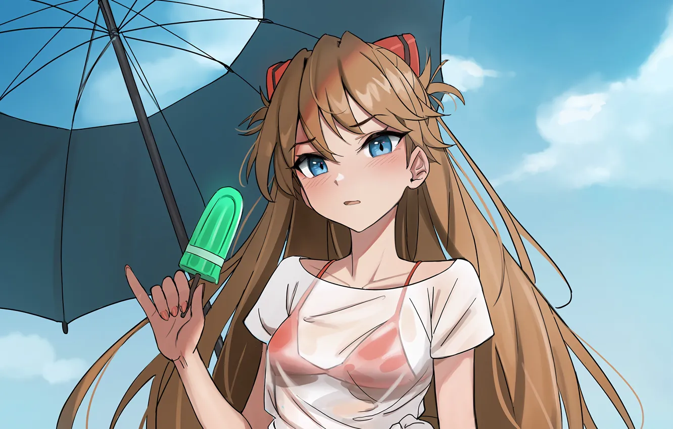 Фото обои girl, sexy, long hair, boobs, umbrella, anime, blue eyes, beautiful