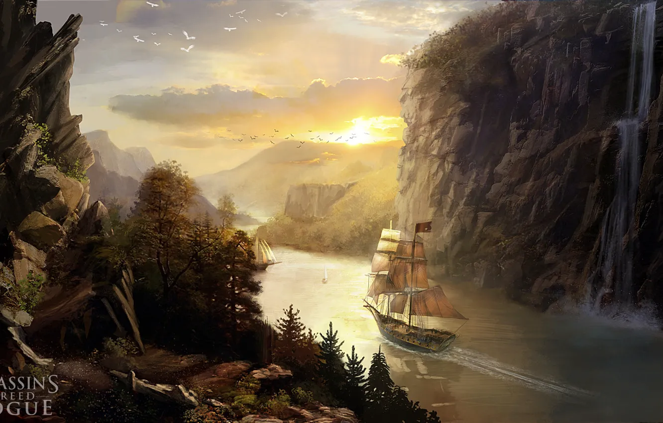 Фото обои Горы, Игра, Река, Корабль, Hudson River, Assassin's Creed Rogue