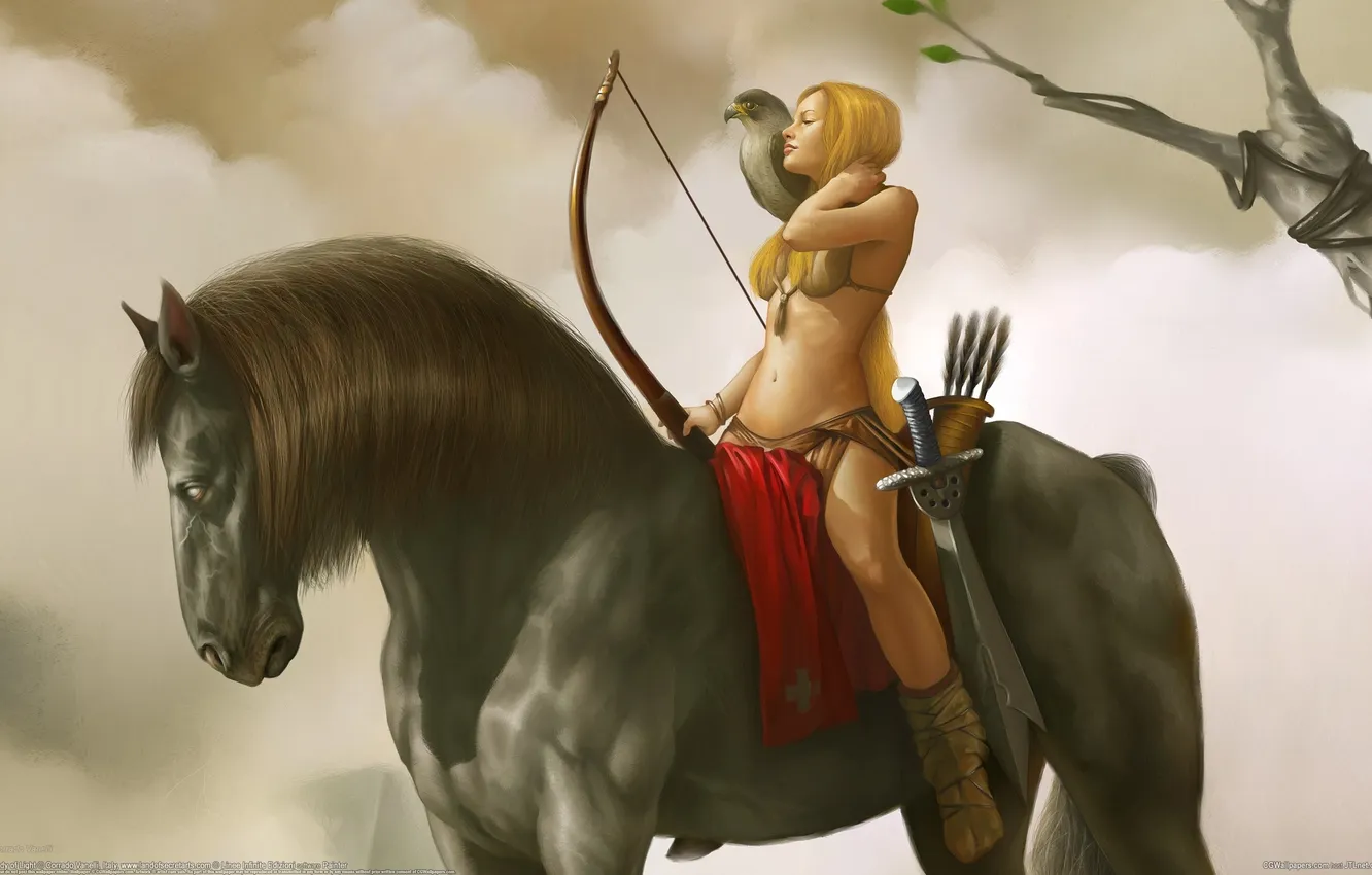 Фото обои девушка, оружие, дерево, конь, лошадь, меч, всадница, лук