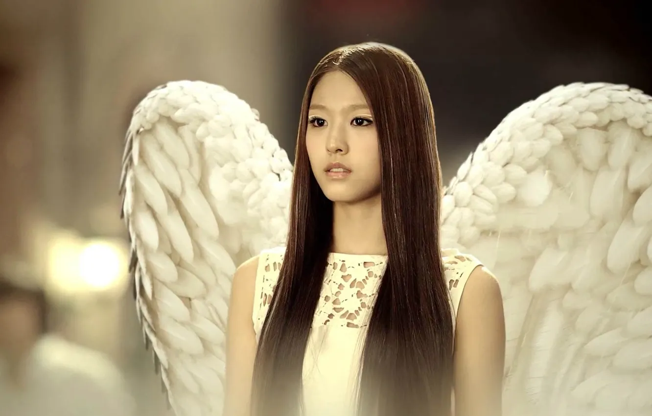 Фото обои ангел, перья, азиатка, длинные волосы, k-pop, Elvis, кореянка, белые крылья