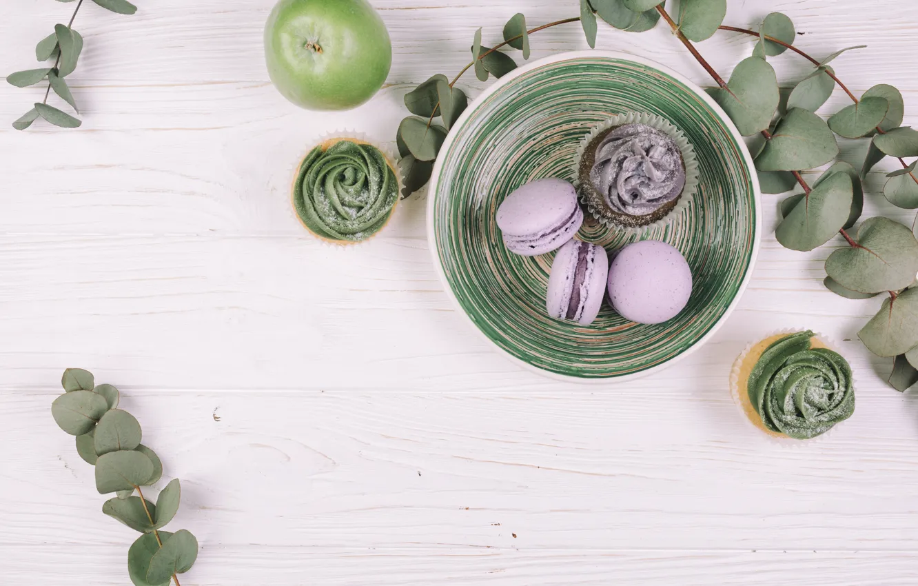 Фото обои яблоки, apple, печенье, десерт, macaroons, cupcakes