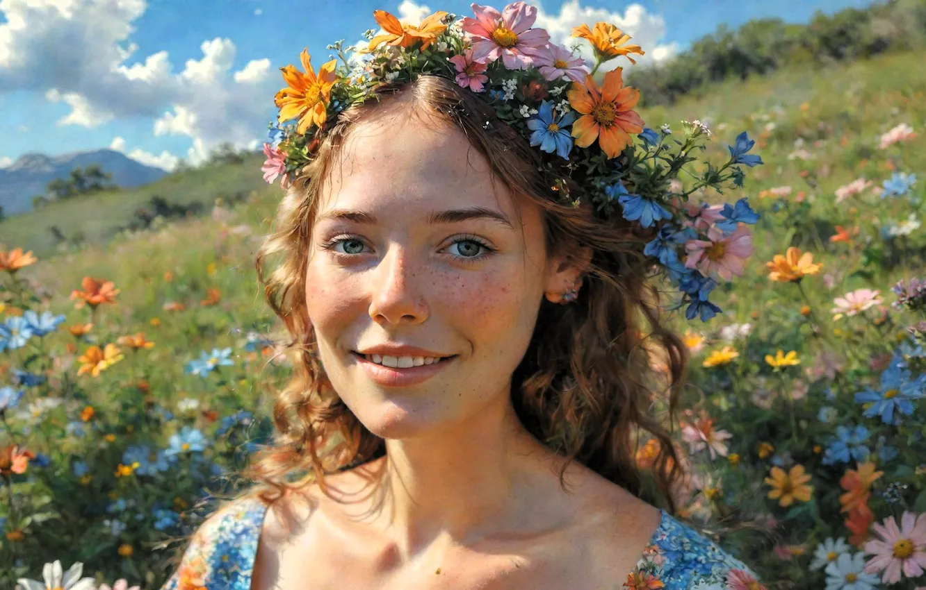 Фото обои лето, девушка, цветы, лицо, улыбка, поляна, луг, венок