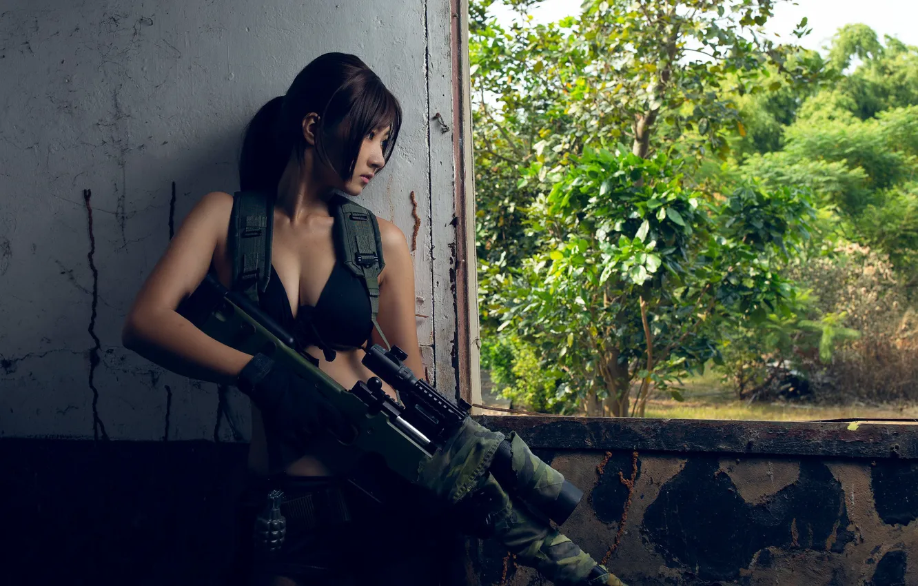 Фото обои девушка, засада, снайперская винтовка
