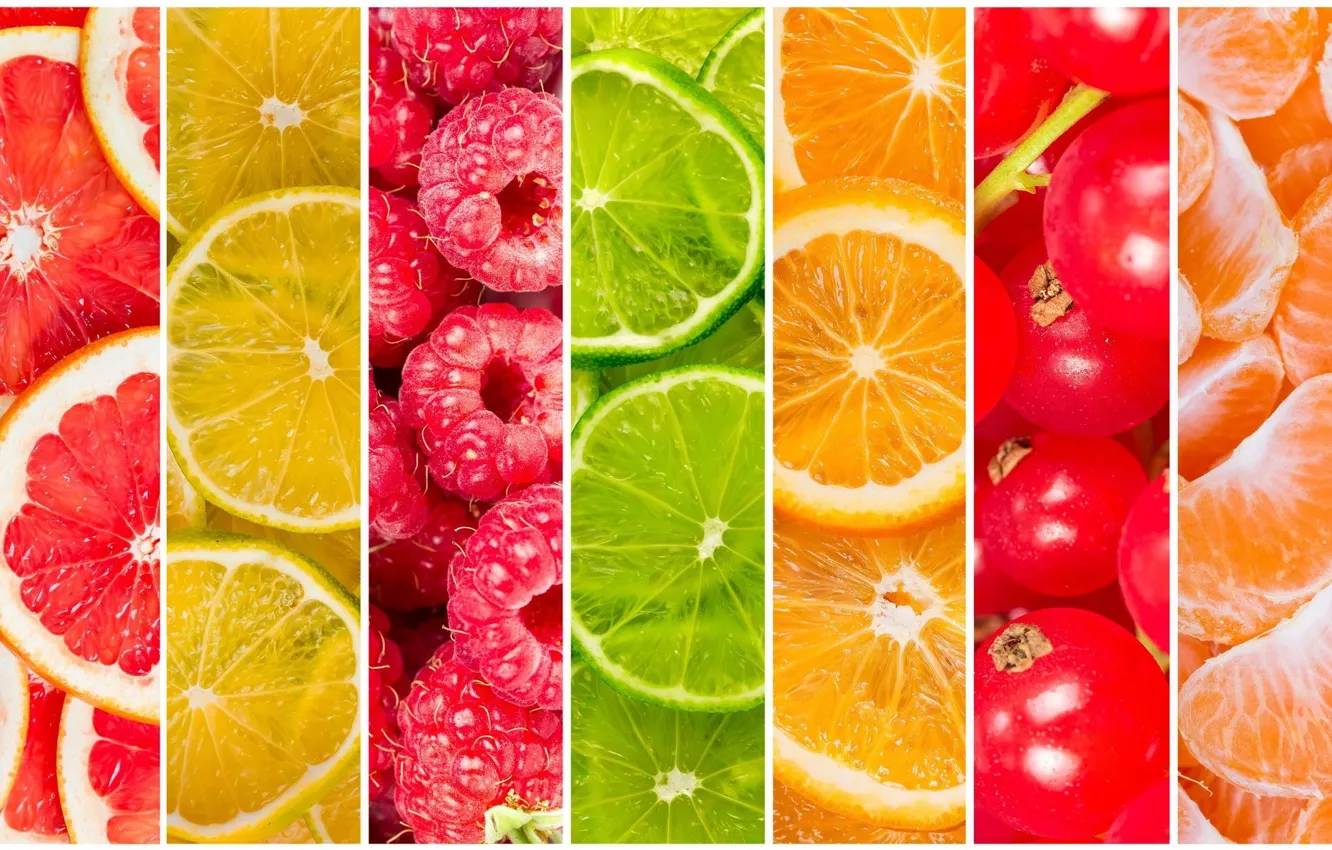 Фото обои лайм, витамины, смородина, апельсин, фрукты, грейпфрут, дольки, малина